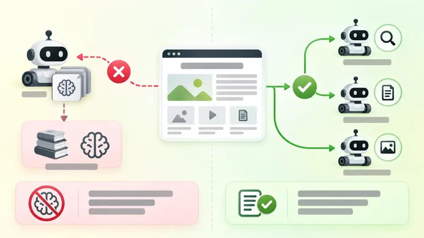 Esquema que separa el acceso de entrenamiento del acceso de recuperación de contenido por parte de sistemas de inteligencia artificial