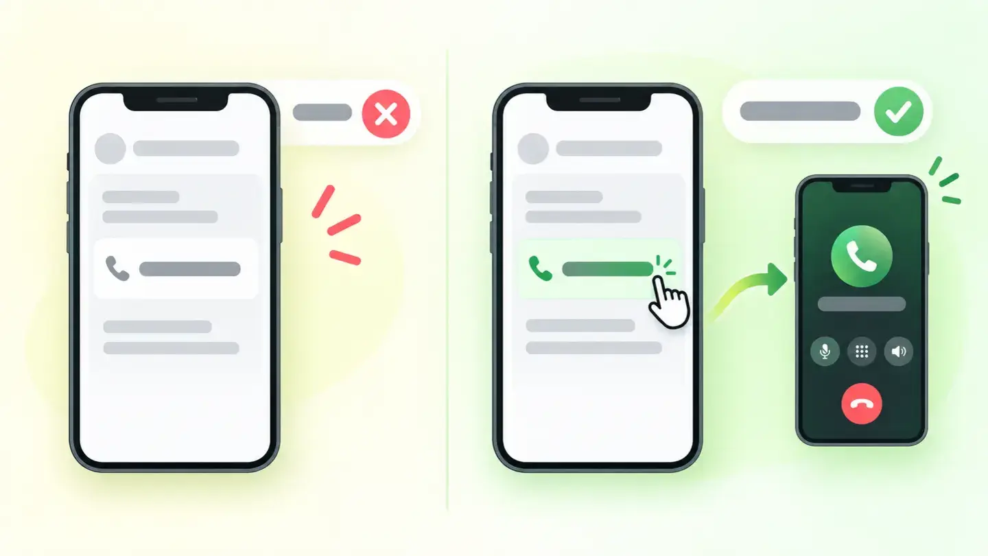 Comparació entre un telèfon escrit com a text pla i el mateix telèfon com a enllaç tel: que es pot prémer al mòbil