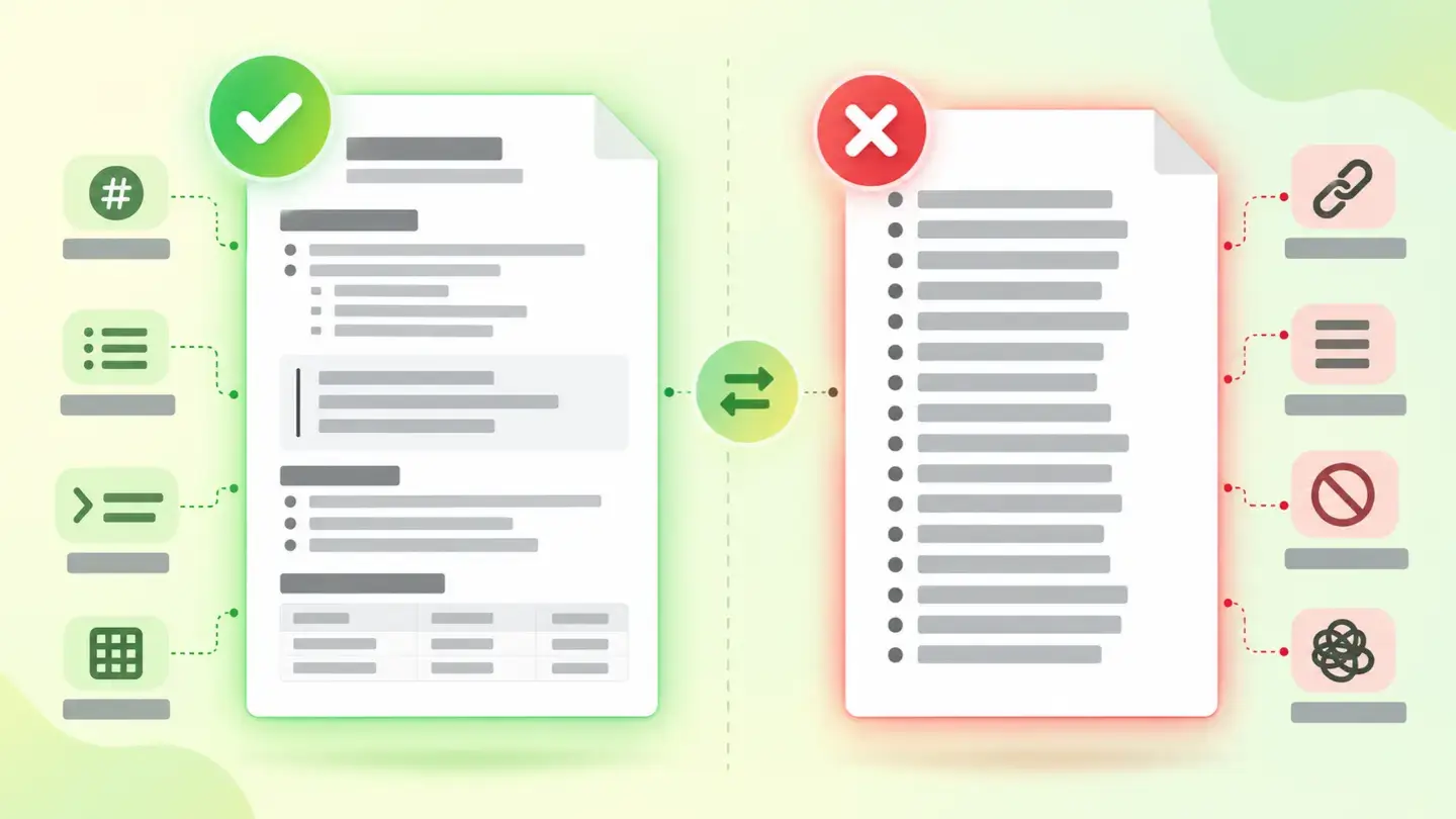 Comparación entre un llms.txt correcto en Markdown y una simple lista de direcciones sin formato