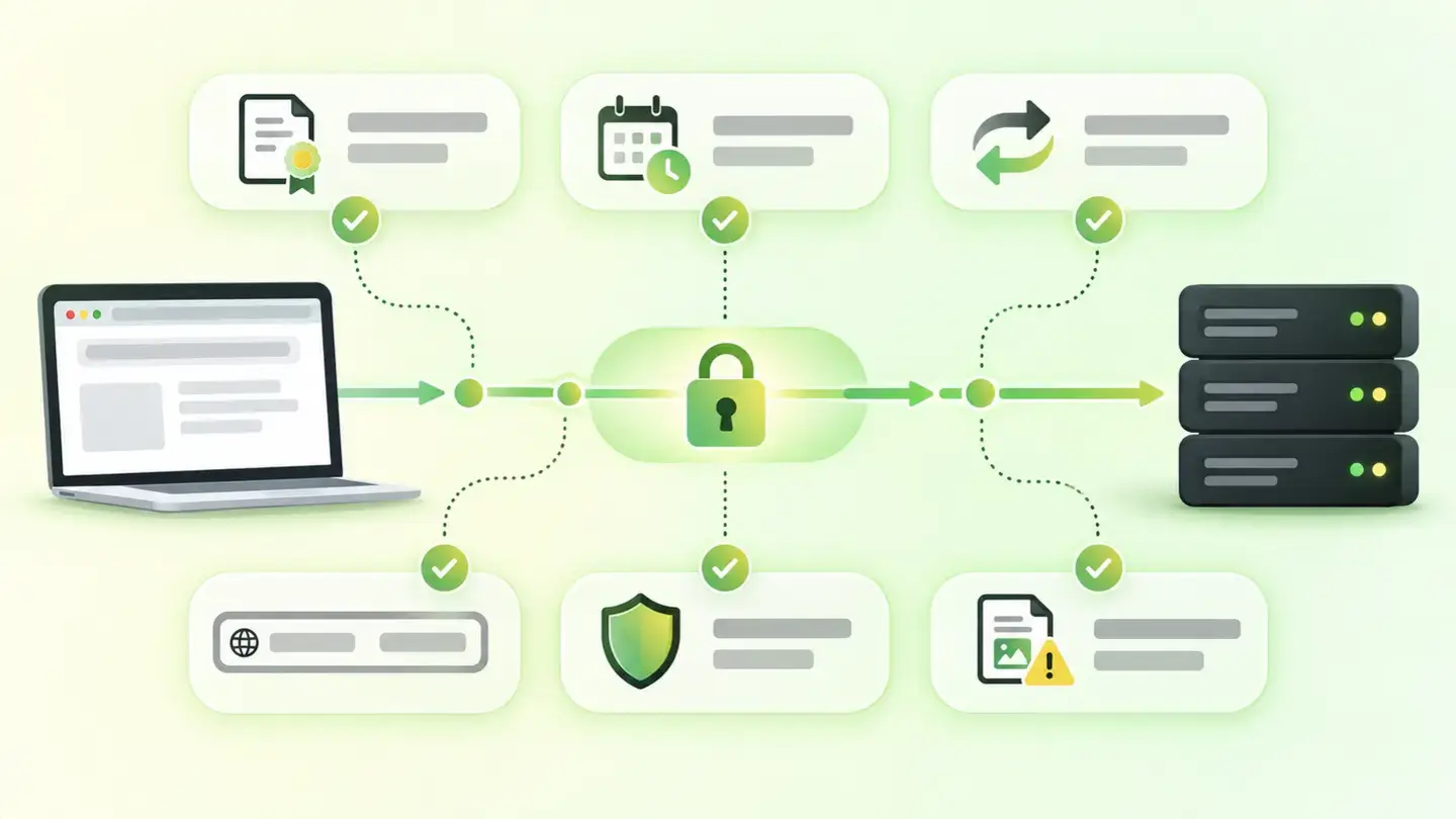 Diagrama d’una connexió HTTPS amb les sis comprovacions de Wakaris assenyalades: certificat, caducitat, redirecció, www, TLS i contingut mixt