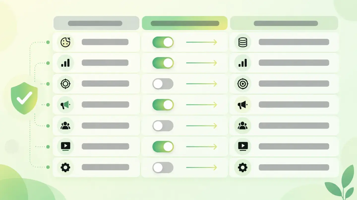 Tabla con los siete tipos de consentimiento de Consent Mode y qué controla cada uno