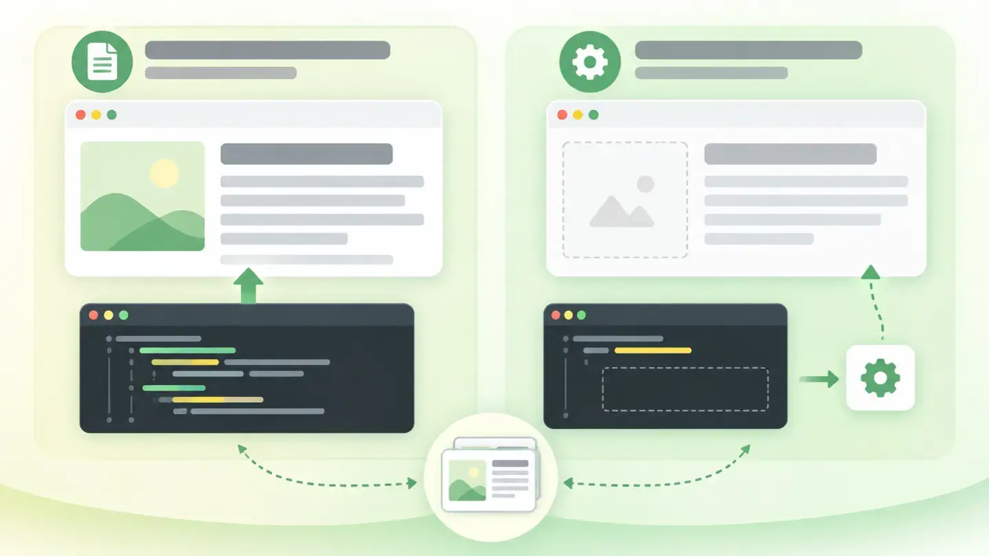 Comparació del mateix article lliurat amb el text ja a l’HTML i lliurat com un contenidor que s’omple després