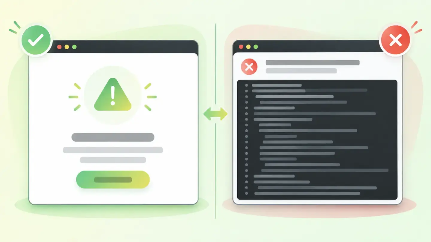 Comparació entre una pàgina d’error pròpia amb un missatge breu i un rastre d’error sense filtrar