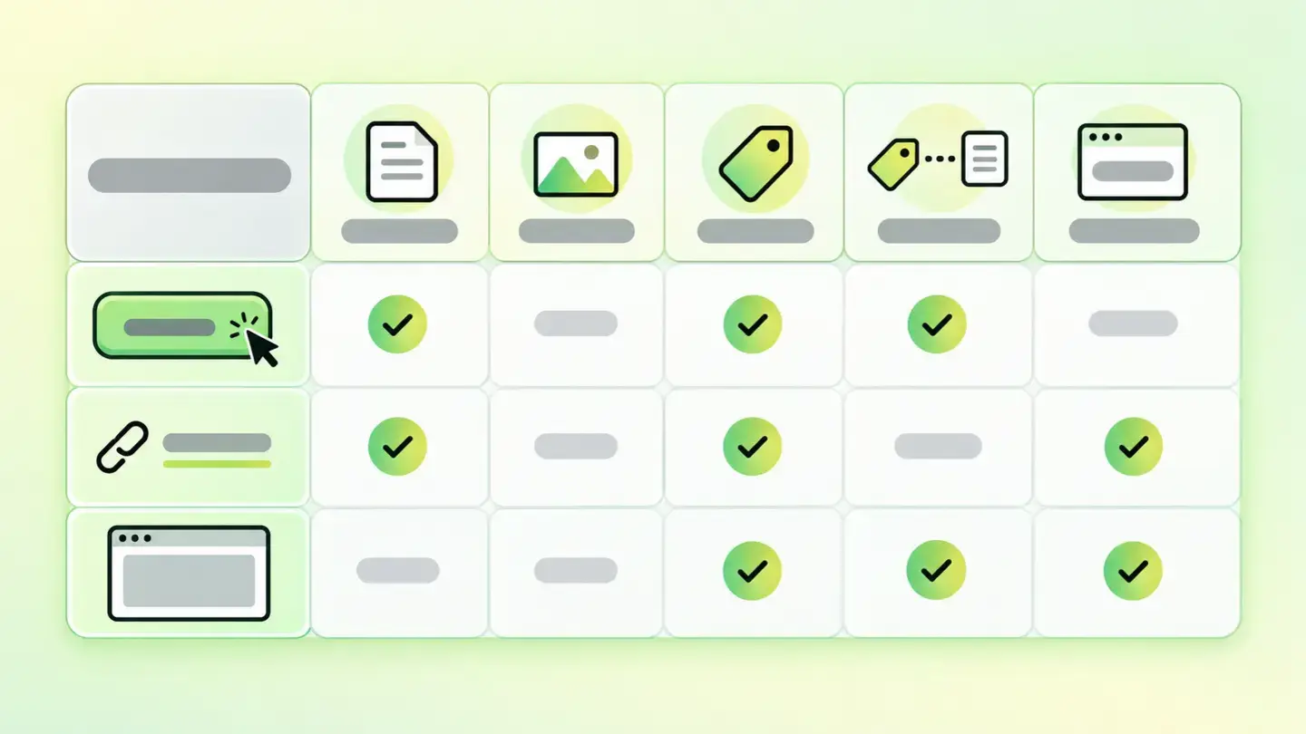 Taula amb les fonts de les quals un botó, un enllaç i un iframe prenen el seu nom accessible: contingut de text, alt, aria-label, aria-labelledby i title