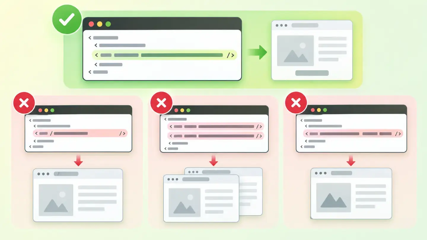 Capçalera HTML amb una etiqueta link rel canonical correcta, amb URL absoluta, davant de tres versions incorrectes: relativa, duplicada i apuntant a una altra pàgina
